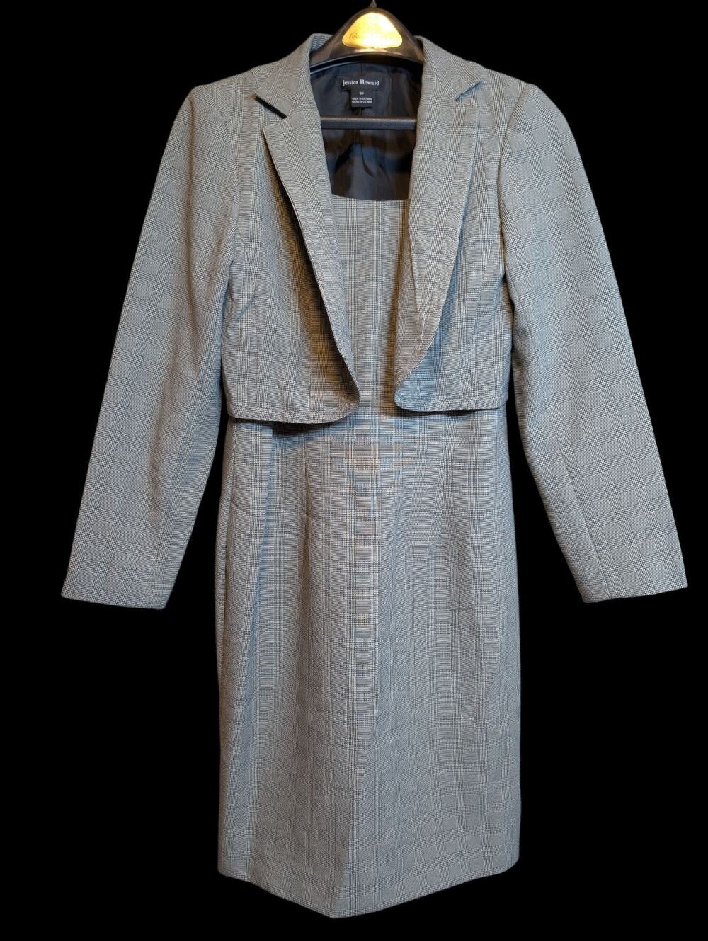 Jessica Howard Vintage 90s 2Pc Dress Cropped Blazer Gray Checkered Pattern